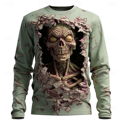 New Men's 3D Horror Skull T-shirt Retro Long-sleeved Round-neck Top Men's Fashionable Halloween Abstract Street Casual Wear