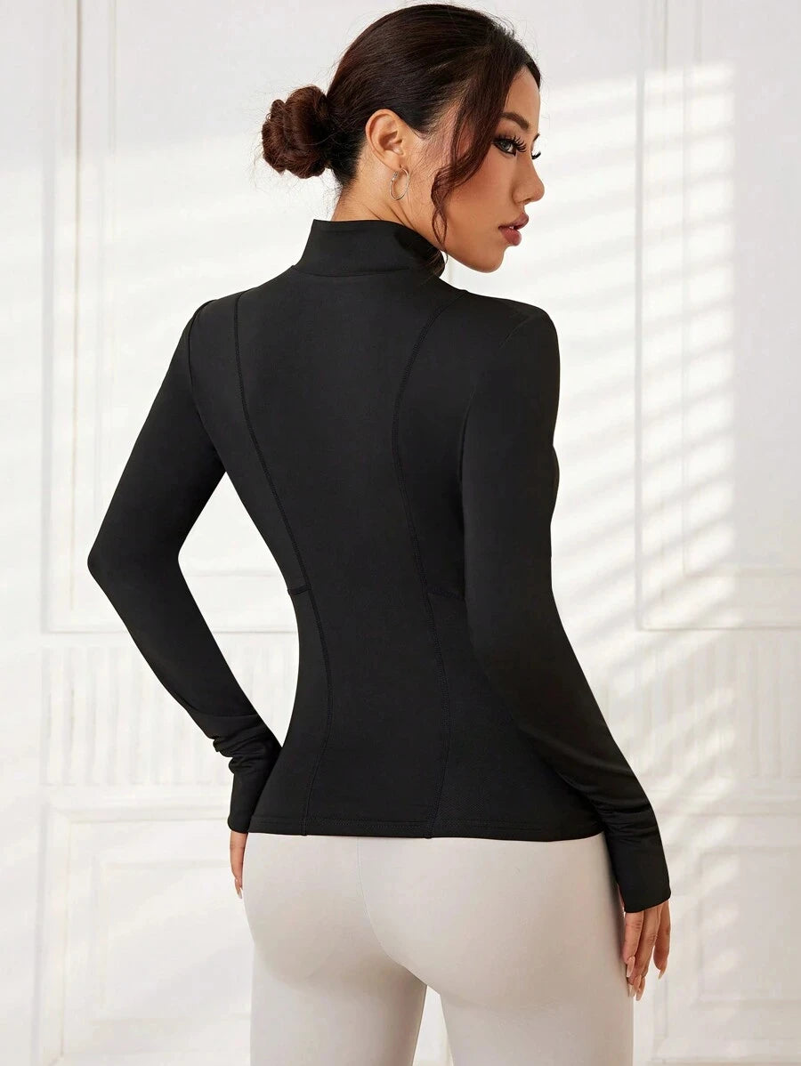 Stand Collar FULL Zipper Sports Long Sleeve Sweatshirt With Thumbholes Fall SweatshirtsPlus Size Sports Top, Women's Plus Zip Up