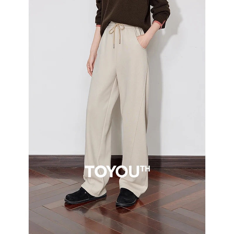TOYOUTH Women Fleece Casual Pants 2026 Autumn Winter New Drawstring Elastic Waist Warm Straight Wide Leg Black Banana Pants