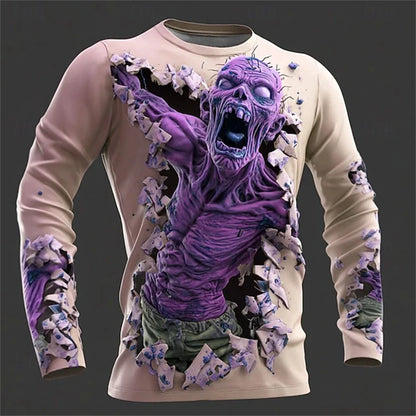 New Men's 3D Horror Skull T-shirt Retro Long-sleeved Round-neck Top Men's Fashionable Halloween Abstract Street Casual Wear