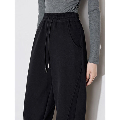 TOYOUTH Women Fleece Casual Pants 2026 Autumn Winter New Drawstring Elastic Waist Warm Straight Wide Leg Black Banana Pants