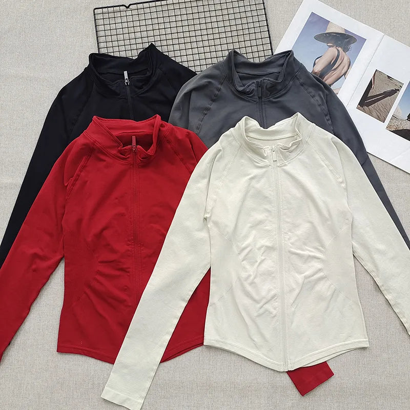 Women's Stand Collar Seamless Workout Jacket - Slim Fit Zip Front Yoga Gym Training Top