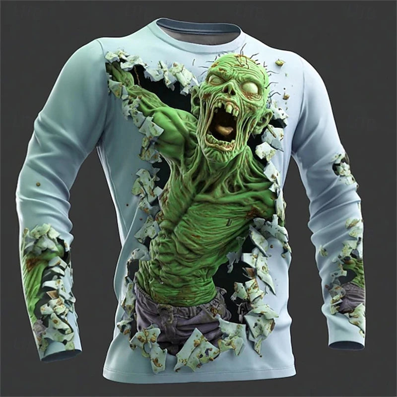 New Men's 3D Horror Skull T-shirt Retro Long-sleeved Round-neck Top Men's Fashionable Halloween Abstract Street Casual Wear
