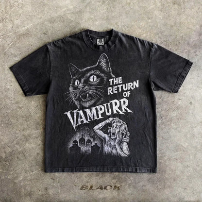 Retro Bloodsucking Cat Halloween T-shirt, Unisex Fun T-shirt, Men's T-shirt, Summer New Item Suitable for Both Men and Women
