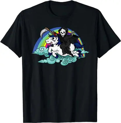 Death Metal Unicorn T-Shirt Funny Brutal Death Metal Nutrition Facts Concert Tee Gift Rainbow Grim Reaper Cool Halloween Costume