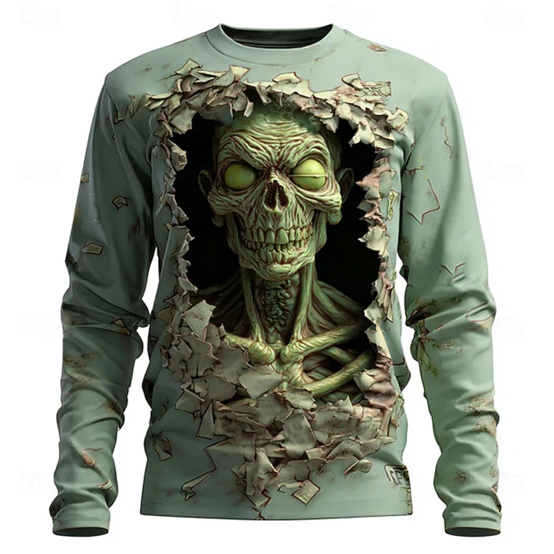 New Men's 3D Horror Skull T-shirt Retro Long-sleeved Round-neck Top Men's Fashionable Halloween Abstract Street Casual Wear