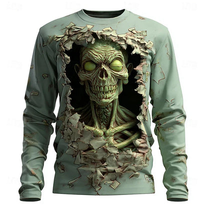 New Men's 3D Horror Skull T-shirt Retro Long-sleeved Round-neck Top Men's Fashionable Halloween Abstract Street Casual Wear