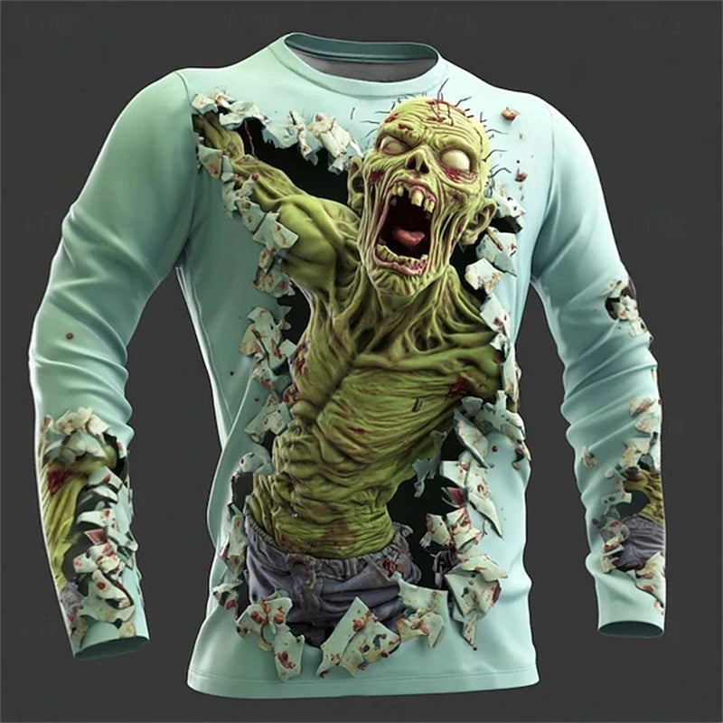 New Men's 3D Horror Skull T-shirt Retro Long-sleeved Round-neck Top Men's Fashionable Halloween Abstract Street Casual Wear