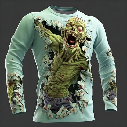 New Men's 3D Horror Skull T-shirt Retro Long-sleeved Round-neck Top Men's Fashionable Halloween Abstract Street Casual Wear