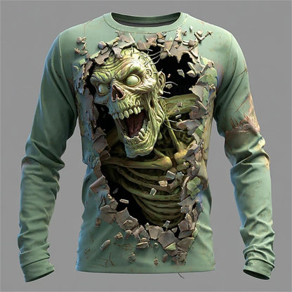 New Men's 3D Horror Skull T-shirt Retro Long-sleeved Round-neck Top Men's Fashionable Halloween Abstract Street Casual Wear