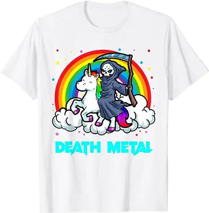 Death Metal Unicorn T-Shirt Funny Brutal Death Metal Nutrition Facts Concert Tee Gift Rainbow Grim Reaper Cool Halloween Costume