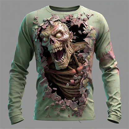 New Men's 3D Horror Skull T-shirt Retro Long-sleeved Round-neck Top Men's Fashionable Halloween Abstract Street Casual Wear