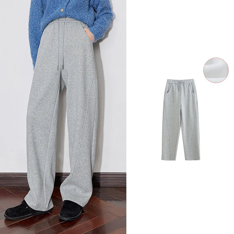 TOYOUTH Women Fleece Casual Pants 2026 Autumn Winter New Drawstring Elastic Waist Warm Straight Wide Leg Black Banana Pants