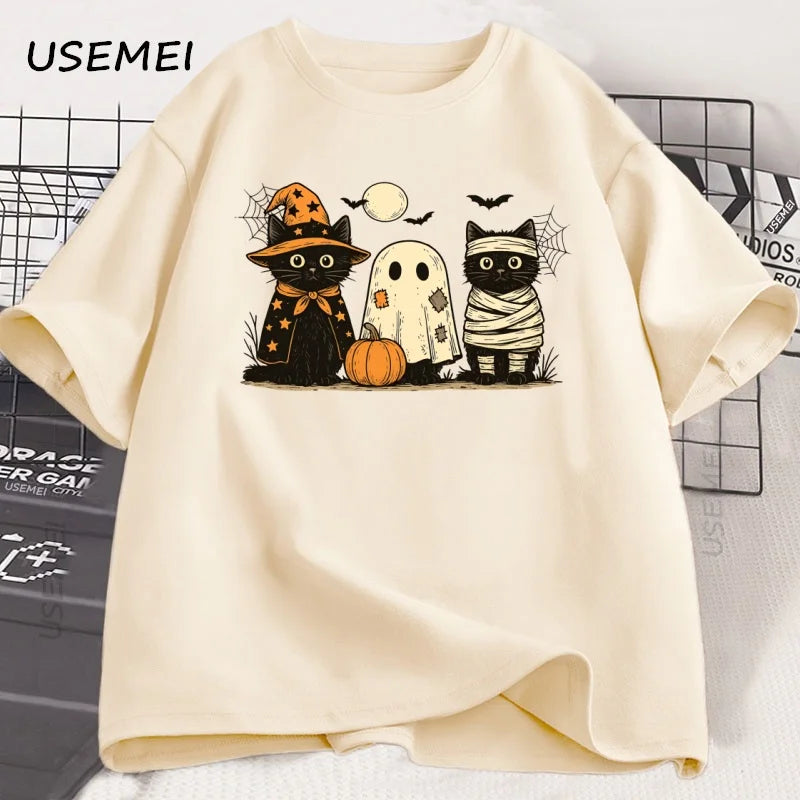 Black Cat Pumpkin Tshirt Ghots Gothic Fall Cat Mama T Shirt Halloween Spooky Season Pritned T-shirt Unisex Cotton Short Sleeve