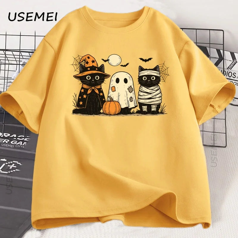 Black Cat Pumpkin Tshirt Ghots Gothic Fall Cat Mama T Shirt Halloween Spooky Season Pritned T-shirt Unisex Cotton Short Sleeve