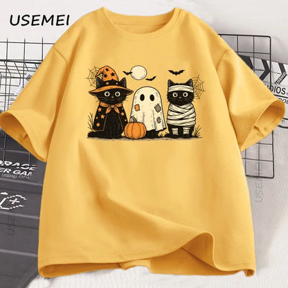 Black Cat Pumpkin Tshirt Ghots Gothic Fall Cat Mama T Shirt Halloween Spooky Season Pritned T-shirt Unisex Cotton Short Sleeve