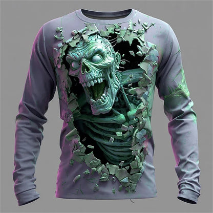 New Men's 3D Horror Skull T-shirt Retro Long-sleeved Round-neck Top Men's Fashionable Halloween Abstract Street Casual Wear