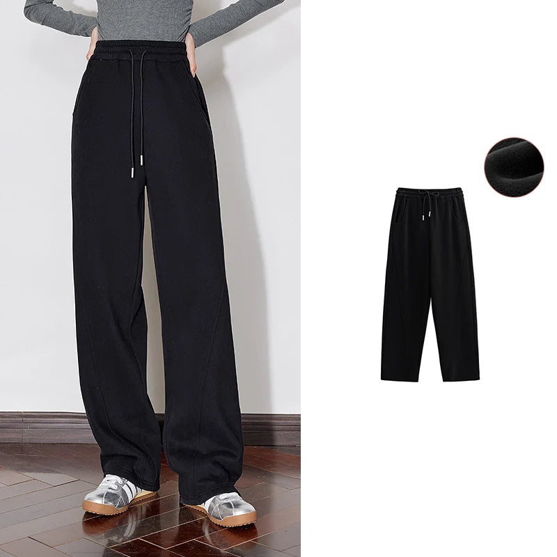 TOYOUTH Women Fleece Casual Pants 2026 Autumn Winter New Drawstring Elastic Waist Warm Straight Wide Leg Black Banana Pants