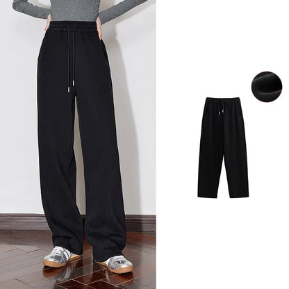 TOYOUTH Women Fleece Casual Pants 2026 Autumn Winter New Drawstring Elastic Waist Warm Straight Wide Leg Black Banana Pants