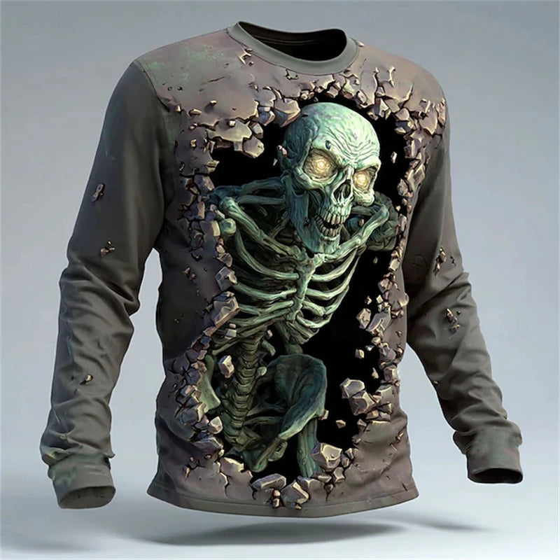 New Men's 3D Horror Skull T-shirt Retro Long-sleeved Round-neck Top Men's Fashionable Halloween Abstract Street Casual Wear