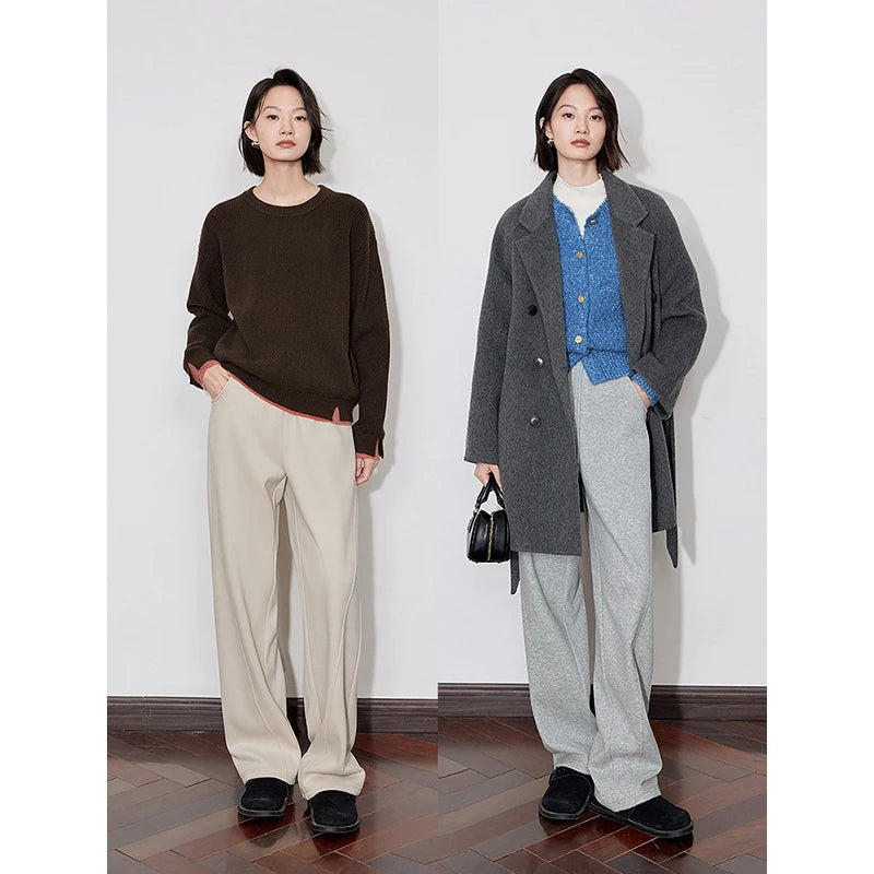 TOYOUTH Women Fleece Casual Pants 2026 Autumn Winter New Drawstring Elastic Waist Warm Straight Wide Leg Black Banana Pants