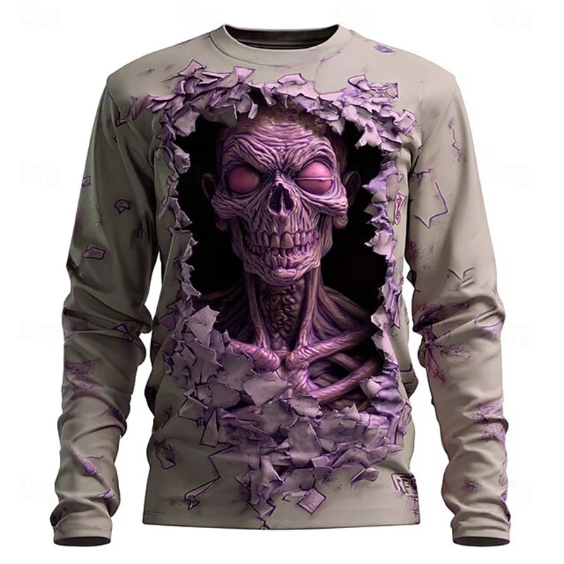 New Men's 3D Horror Skull T-shirt Retro Long-sleeved Round-neck Top Men's Fashionable Halloween Abstract Street Casual Wear