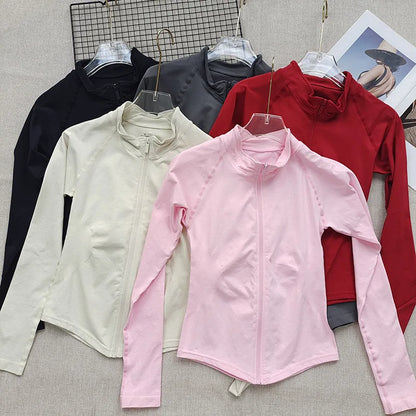 Women's Stand Collar Seamless Workout Jacket - Slim Fit Zip Front Yoga Gym Training Top