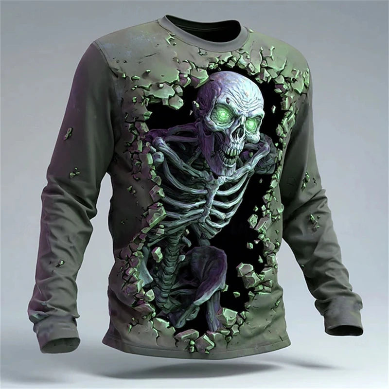 New Men's 3D Horror Skull T-shirt Retro Long-sleeved Round-neck Top Men's Fashionable Halloween Abstract Street Casual Wear