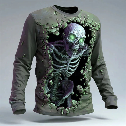 New Men's 3D Horror Skull T-shirt Retro Long-sleeved Round-neck Top Men's Fashionable Halloween Abstract Street Casual Wear