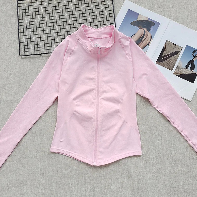 Women's Stand Collar Seamless Workout Jacket - Slim Fit Zip Front Yoga Gym Training Top